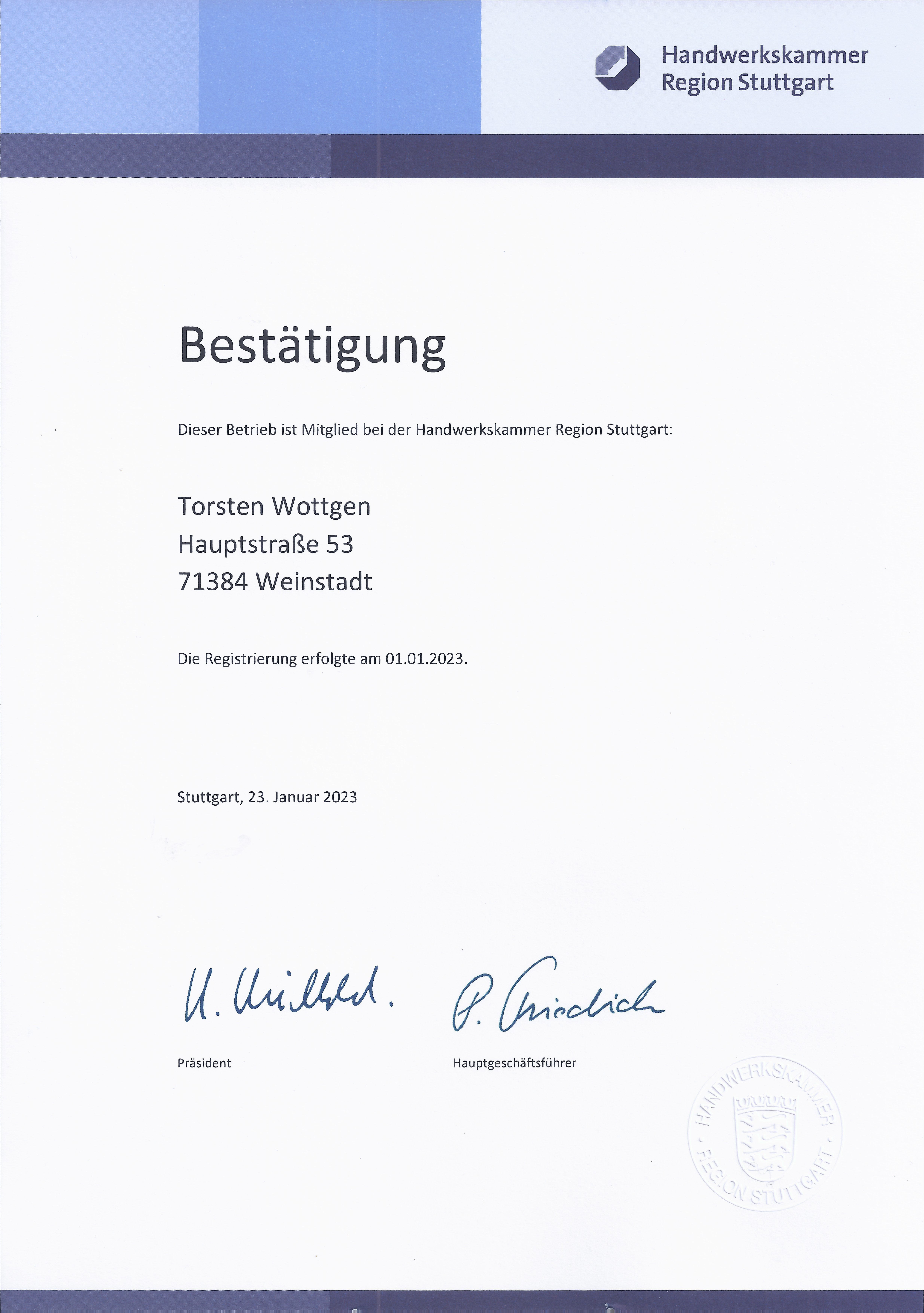 Zertifikat Handwerkskammer
